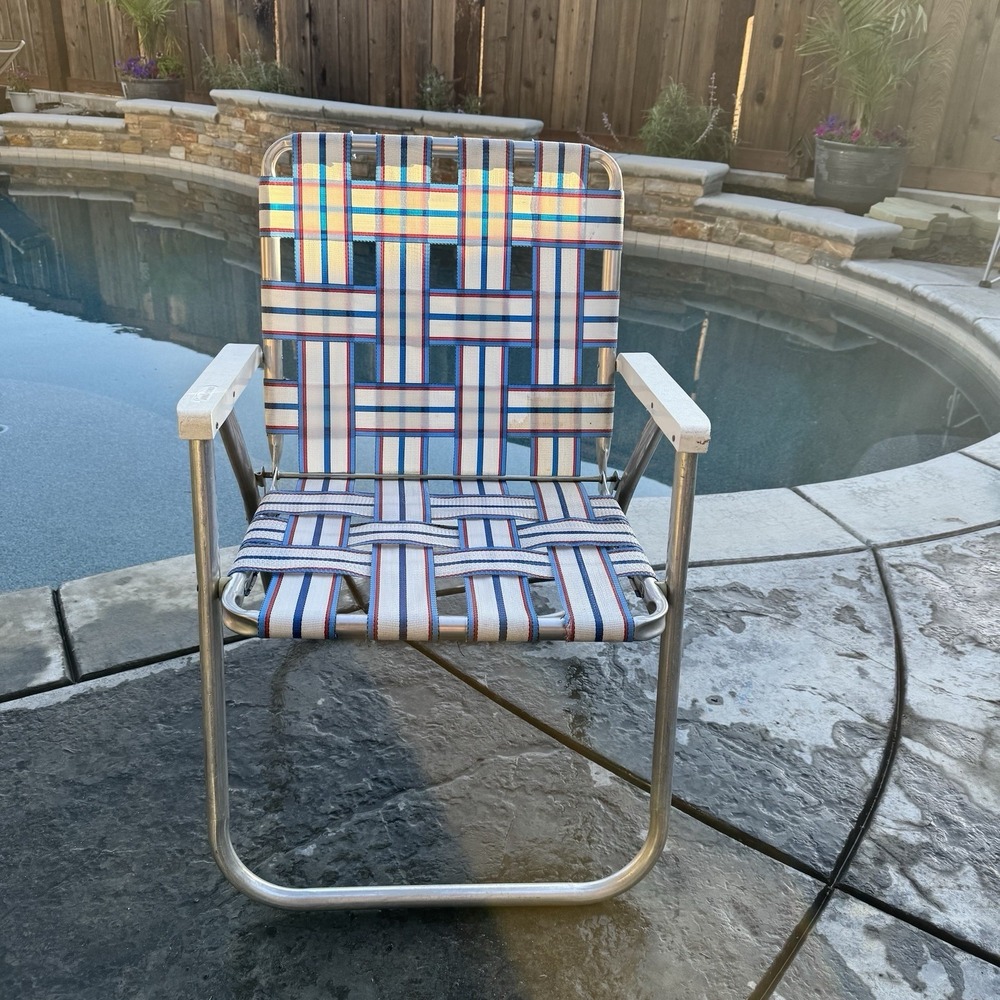 VTG‎ SUNBEAM Red White & Blue Lawn Folding Chair Aluminum Webbed USA Patriotic
